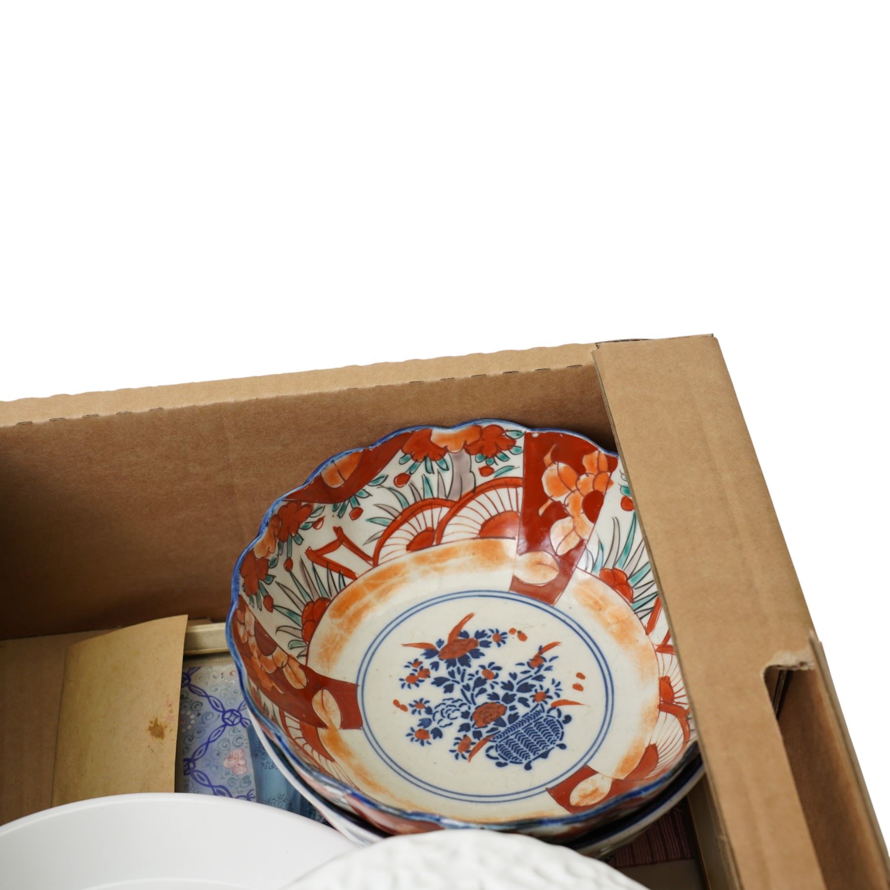 Chinese painting on rice paper, together with two Imari bowls, and cases of cutlery