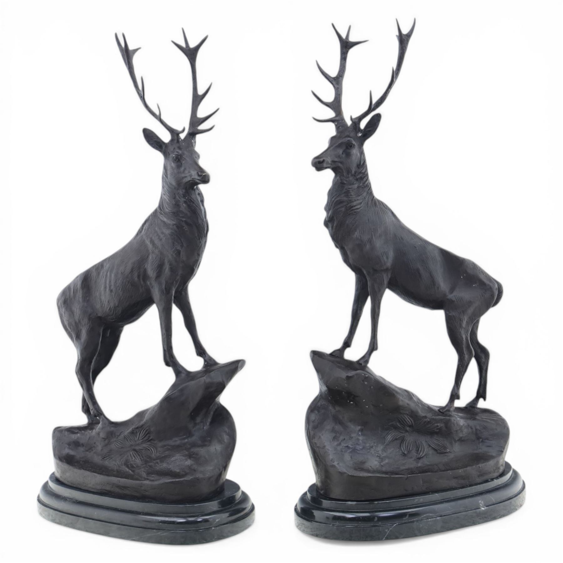 Pair of bronze stags, after Jules Moigniez, modelled in alert stance upon naturalistic bases, set on oval marble plinths, signed to base