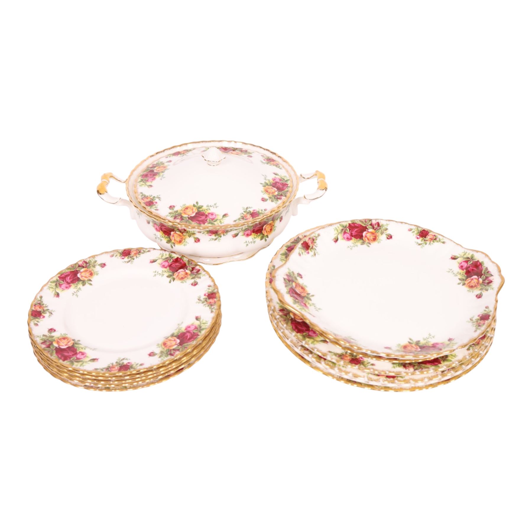 Royal Albert Old Country Roses part tea and dinner service, including teapot, milk jug, open sucrier, six tea cups and saucers, four dinner plates etc 
