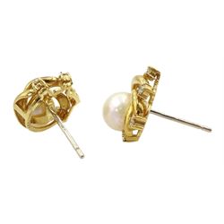 Pair of 18ct gold pearl and diamond stud earrings, London import mark 1989