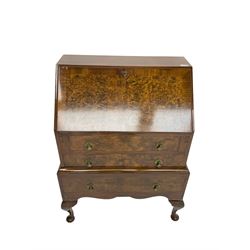 Mid-20th century figured walnut bureau, fitted with three drawers, on cabriole front supports