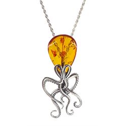 Silver amber octopus pendant necklace, stamped 925