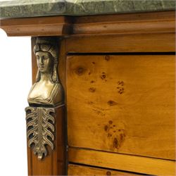Neoclassical marble and inlaid figured maple wood tall chest, green marble inverted-breakfront top over eight long drawers, flanked by square tapering pilasters with gilt metal female bust and anthemion leaf capitals and brass feet terminals, the skirted base with applied Medusa gilt metal mounts, on compressed bun feet