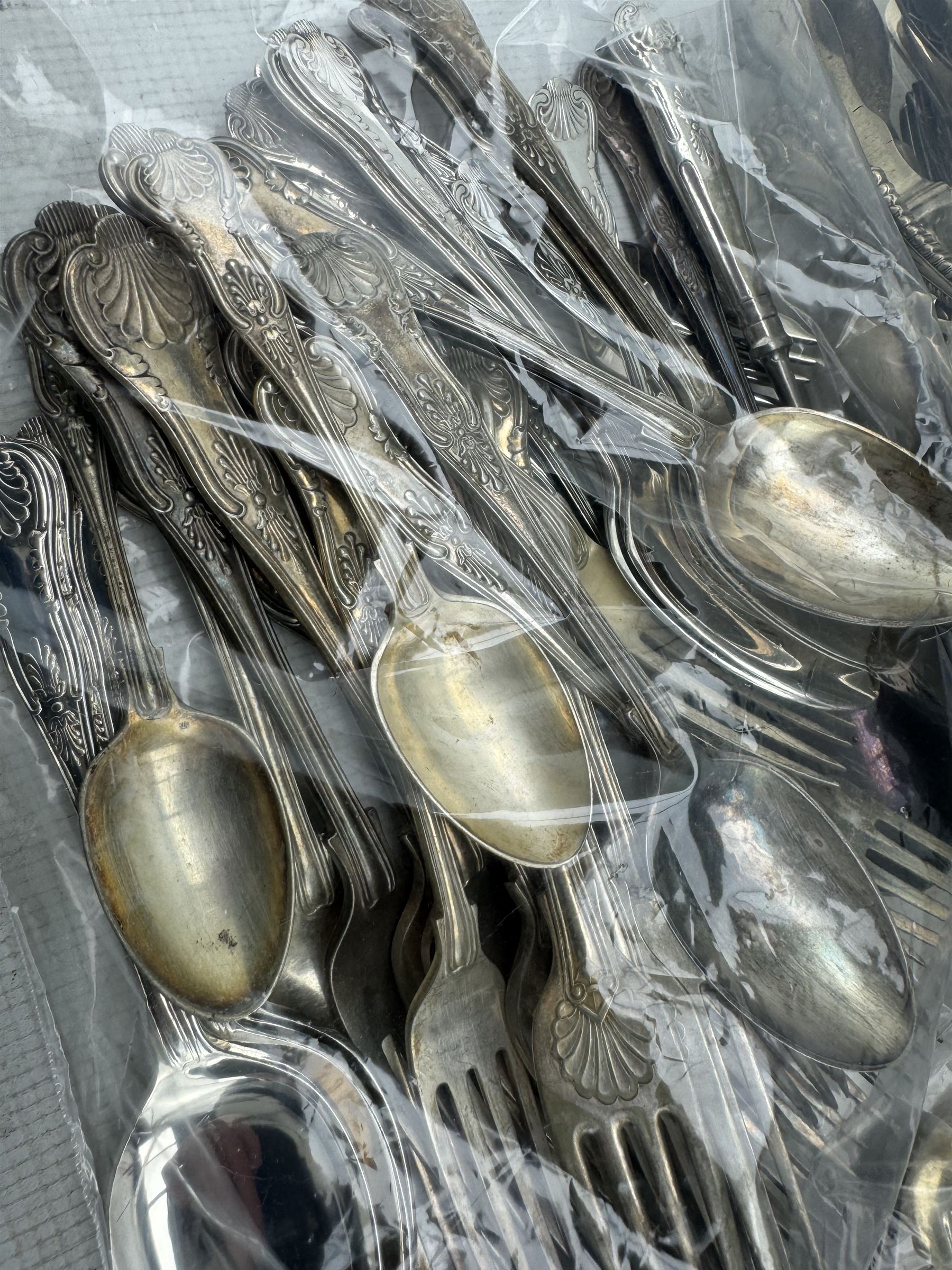 Part service of silver-plated kings pattern cutlery, together with a quantity of 19th century and later silver-plated cutlery in one box
