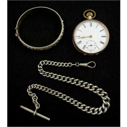 Early 20th century 9ct gold open face keyless lever pocket watch, stamped K9, Edwardian silver graduating Albert chain by Herbert Bushell, Birmingham 1904 and an engraved bangle, stamped silver