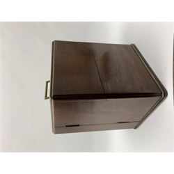 19th century mahogany travelling apothecary cabinet, with recessed brass carry handle to top, and two deep-section hinged doors to the front opening to reveal a fitted interior with clear glass bottles and two drawers, H27cm