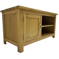 Contemporary oak television or media cabinet, rectangular top over single shelf and cupboard