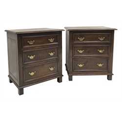 Pair traditional oak pedestal chests, moulded rectangular tops over three drawers, W59cm, H68cm, D41cm
