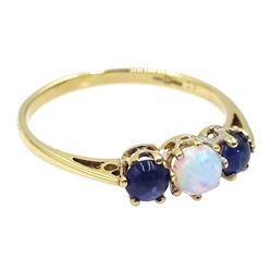 9ct gold three stone sapphire and opal ring, hallmarked