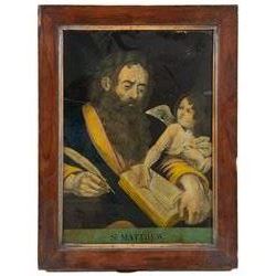 Four mid-19th century reverse glass mezzotints, 'Joseph sold by his brethren to the Ishmaelites' 'St Luke' 'St John' and 'St Matthew', 34cm x 24cm (4)