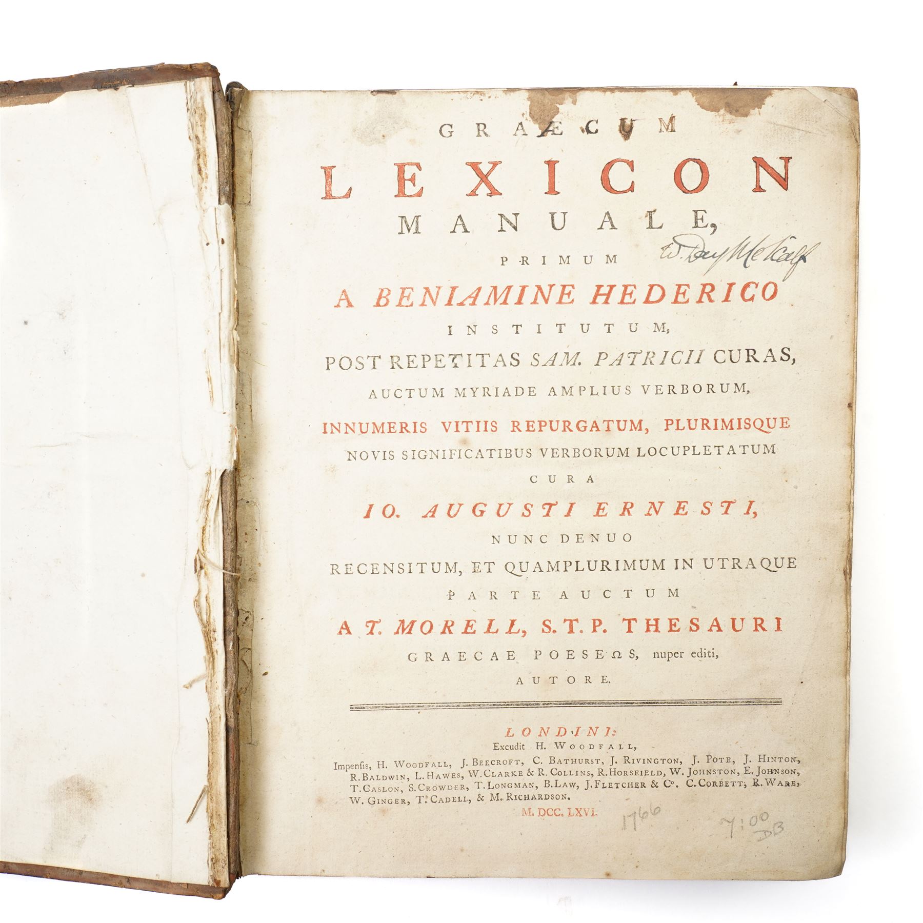Missale Ecclesiae Rotomagensis published in Latin by Jore, father and son, by the authority of Louis de Lavergne of Tressan 1728, folio in gilt decorated full calf and with metal mounts and Graecum Lexicon Manuale published H Woodfall, London 1766 full calf (2)