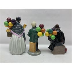Seven Royal Doulton figures, including The Mask Seller HN2103, Silks and Ribbons HN2017, Balloon Girl HN2818, Balloon Boy HN2934 and other balloon sellers 