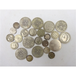  Collection of mostly Great British coins and an early 19th century mahogany tea caddy including over 100 grams of pre 1947 British silver coins, United States of America 1910 five cents, Great British pre-decimal coins, Queen Victoria pennies etc  