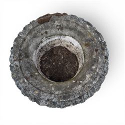 Pair of quality antique weathered three-piece composite stone garden urns, the flared rim moulded with repeating acanthus leaves, over a deep-relief campana body decorated with fruiting grapevines and ivy leaves, the gadrooned underbelly over a turned socle and square base