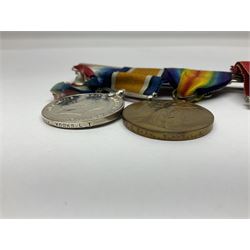 WW1 group of three medals comprising British War Medal, Victory Medal and 1914 Star awarded to 8328 Pte. G. Shaw Yorks: L.I.; on hanging bar with WW2 1939-1945 War Medal and WW1 ribbon bar with rosette to 1914 Star ; all with ribbons; and WW2 1939-1945 War Medal with ribbon