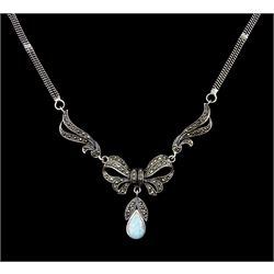 Silver pear shaped opal and marcasite bow design necklace, stamped 925 
