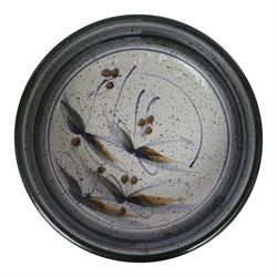 Large Andrew Hague Askrigg Studio Pottery bowl, with abstract foliate design and speckled glaze to the interior, and scale effect to the interior, H9.5cm D35.5cm, together with a cheese keeper and jug, also by Andrew Hague in matching design, each with impressed marks beneath