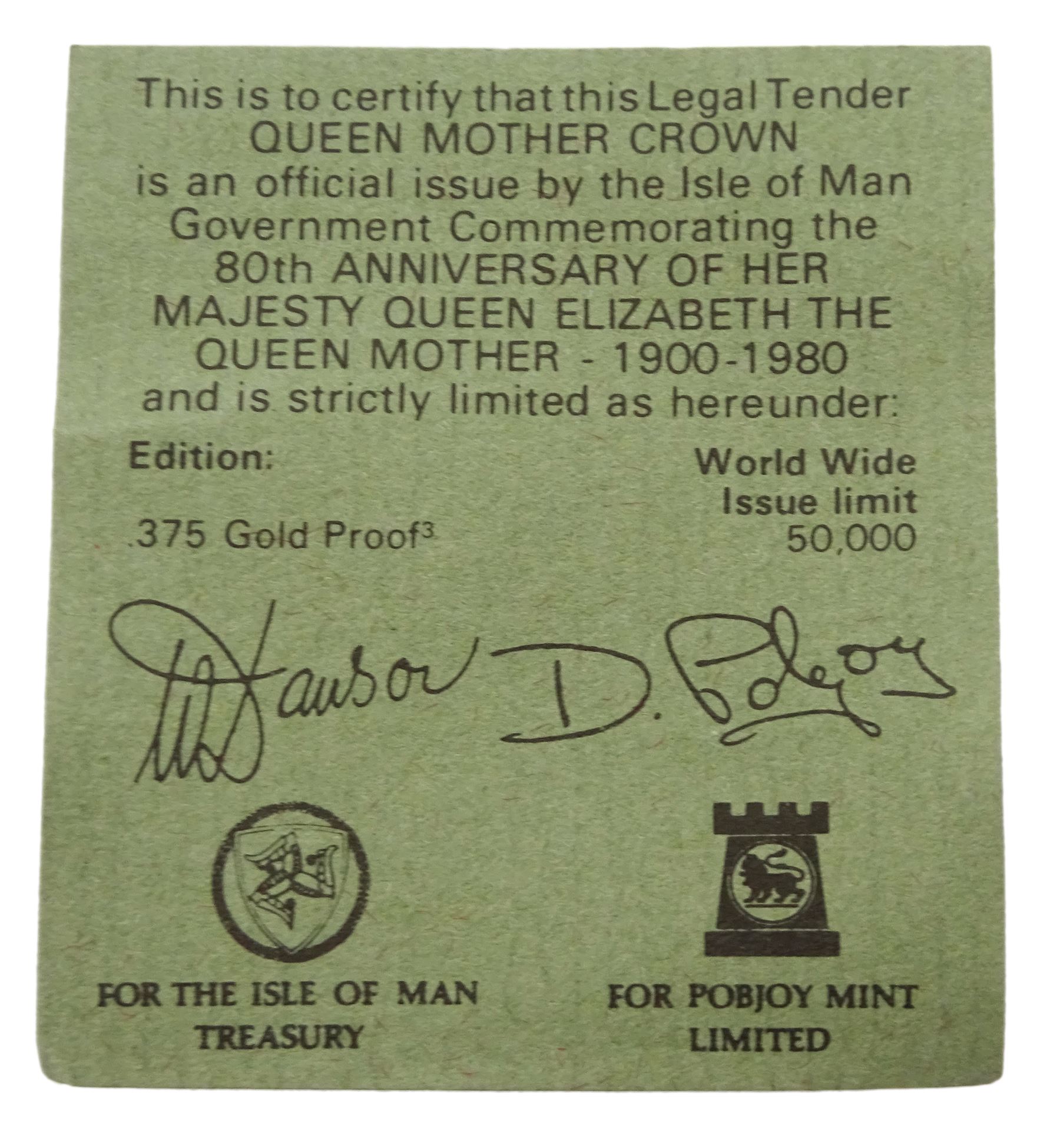 Isle of Man 1980  'Queen Mother's 80th Birthday', 9ct gold crown, boxed with certificate