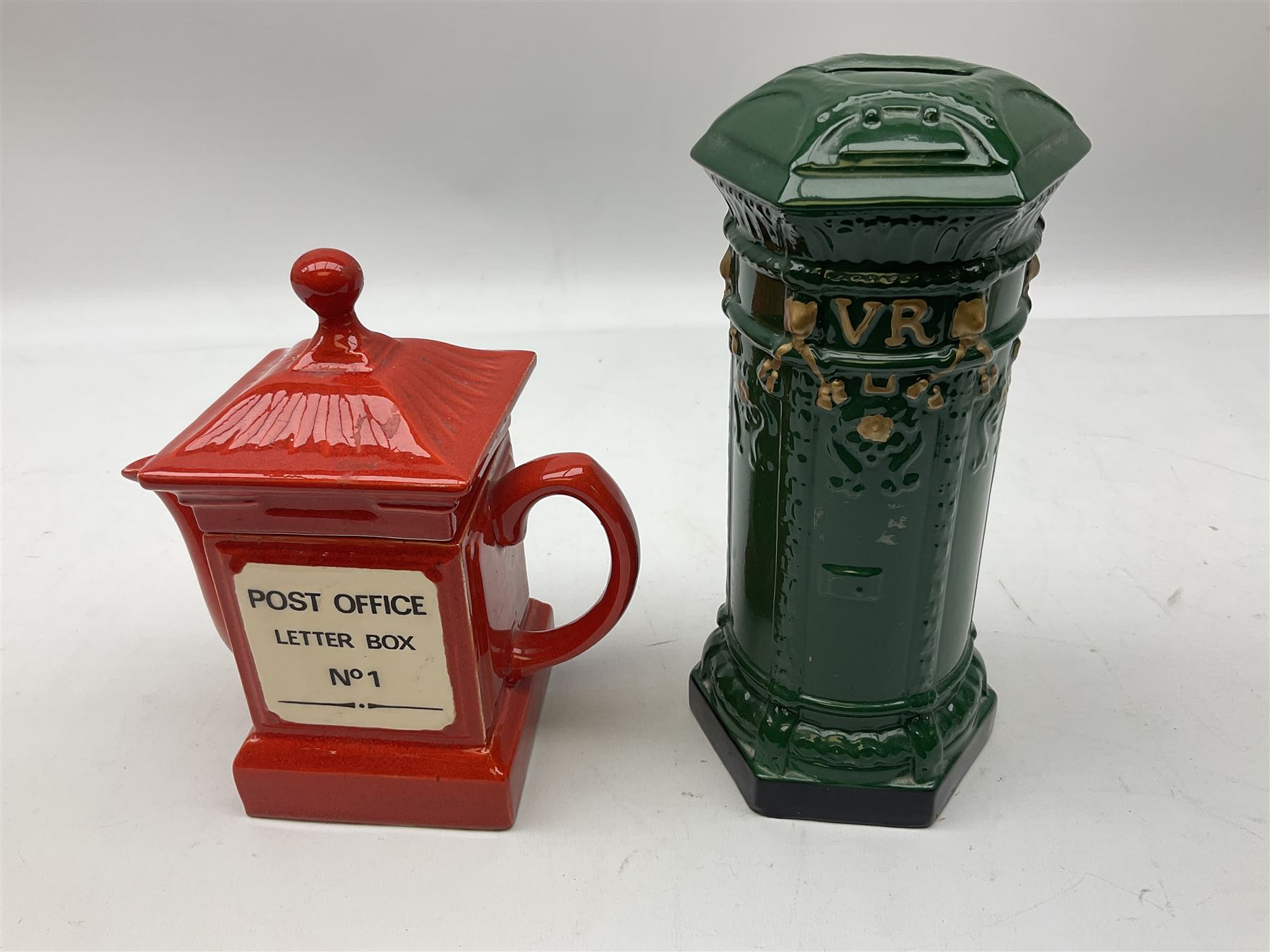 Collection of Post Box money boxes comprising ceramic, tin plate and plastic models, to include Crested Ware money boxes bearing motto ‘I Can’t Get a Letter From You So Send You The Box’ etc in three boxes