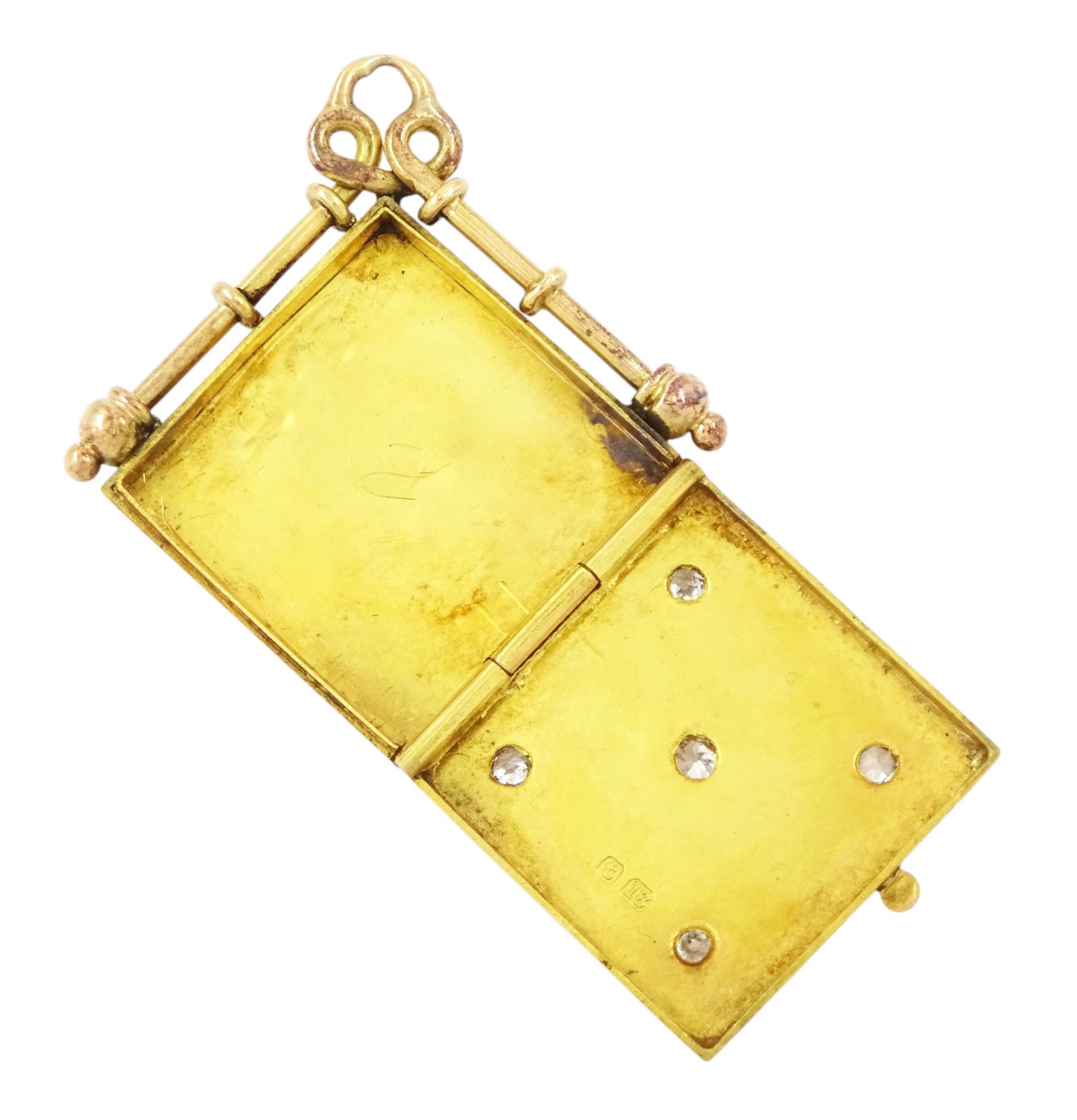 Early 20th century 18ct gold diamond square locket pendant, gypsy set with five old cut diamonds, London 1914, total diamond weight approx 0.25 carat