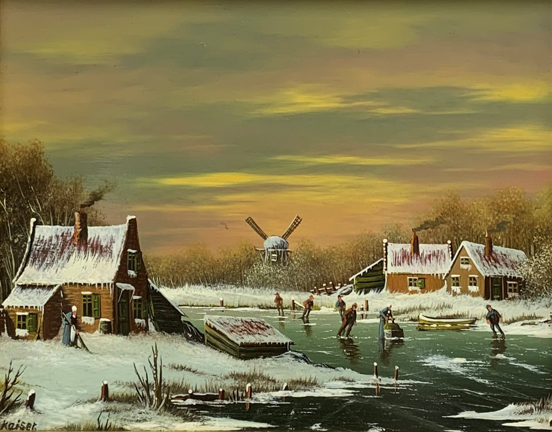 Johannes Kaiser (Dutch 1928-): Figures Skating, oil on panel signed 18cm x 24cm