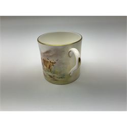 20th century cabinet coffee can and saucer, painted with cattle in a highland landscape by Worcester artist Terence Nutt, signed T Nutt, inscribed beneath 'Hand Painted by Terence Nut', together with a Royal Worcester saucer similarly decorated, signed H Stinton 