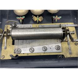 Swiss - 19th-century cylinder music box with three butterfly bells in sight, in a mahogany case with two separately boxed  6” cylinders, glazed viewing lid, 41 tooth comb (one tooth broken) crank key missing, movement untested.
