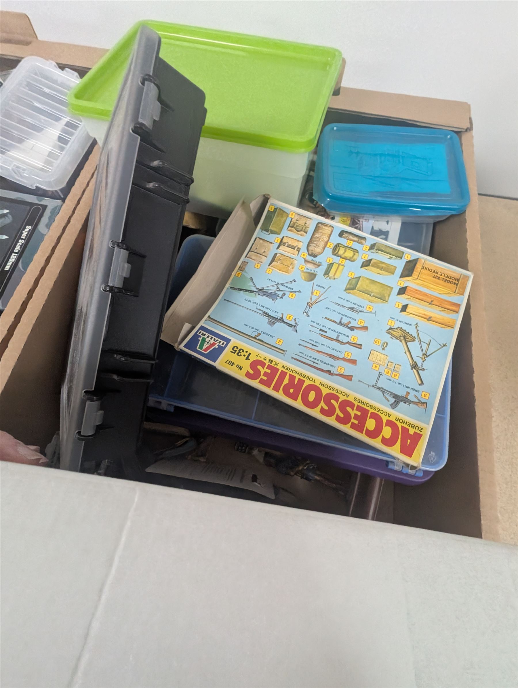 Collection of modelling equipment, kits, accessories, loose lego, including Games Workshop Warhammer 40000, military figures, etc, in four boxes, 
