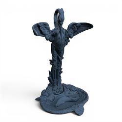After Coalbrookdale cast iron heron stick stand, ornate detail with fish base, painted in ...
