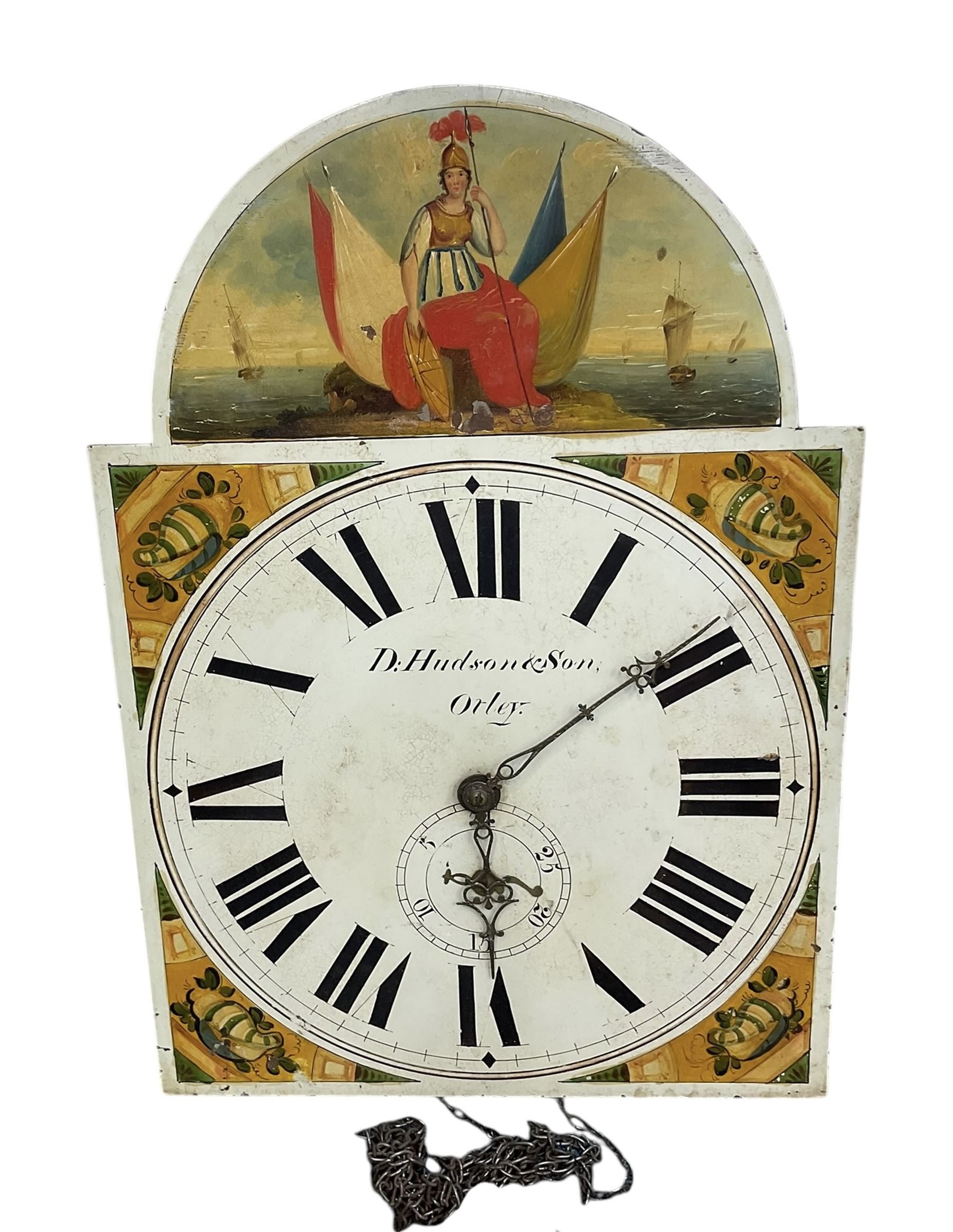 D Hudson of Otley - late 19th century 30 hour oak and mahogany longcase clock, with a swan necked pediment, break arch hood door and ring turned pilasters, inlaid trunk with recessed columns and a short trunk door with inlay and a bone escutcheon, rectangular conforming plinth with a shaped base,  painted dial with geometric spandrels and a depiction of  Britannia to the arch, broad Roman numerals, makers name and calendar dial, dial pinned directly to a chain driven countwheel striking movement, striking the hours on a bell. with pendulum. No weight or movement seat board.