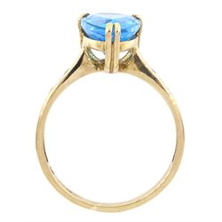 9ct gold single stone pear cut Swiss blue topaz ring, with diamond set shoulders, hallmarked
