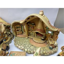 Extensive collection of Pendelfin rabbits and stands, to include Betsy Barge, Fruit Shop, Uncle Soames, Event Piece etc, many with original boxes 