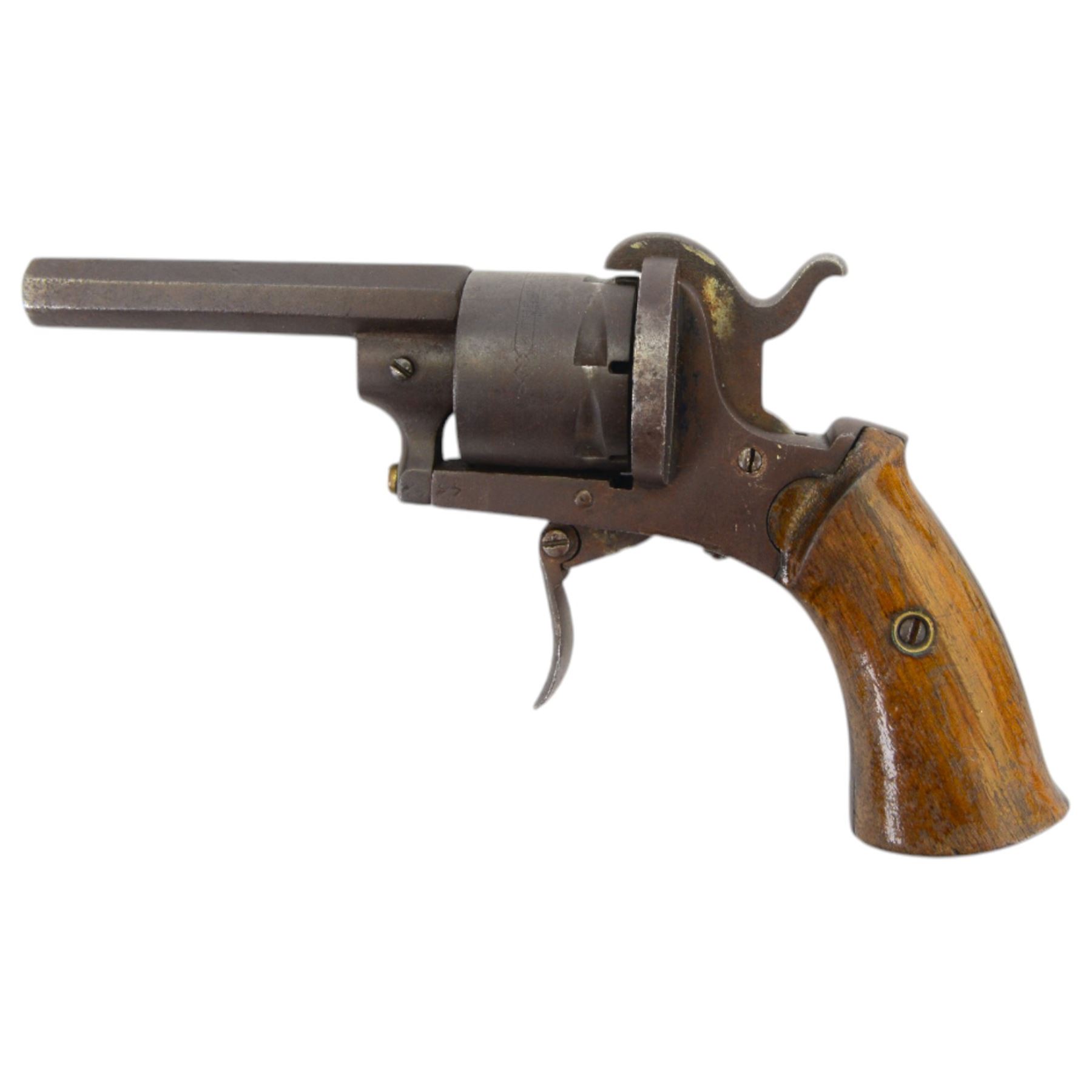 19th century Belgian pinfire six-shot revolver with folding trigger and wooden grip, L18cm 
