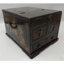  19th century Japanese ladies travelling dressing table chest, with gold lacquer decoration, hinged lid with folding mirror above two short and one long drawer, W21cm x D28cm x H18cm   