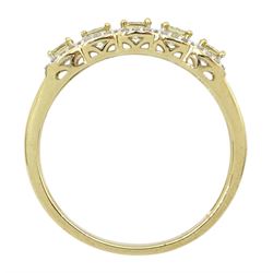 9ct gold five stone princess cut yellow diamond, with round brilliant cut diamond pierced border, hallmarked, total diamond weight approx 0.50 carat