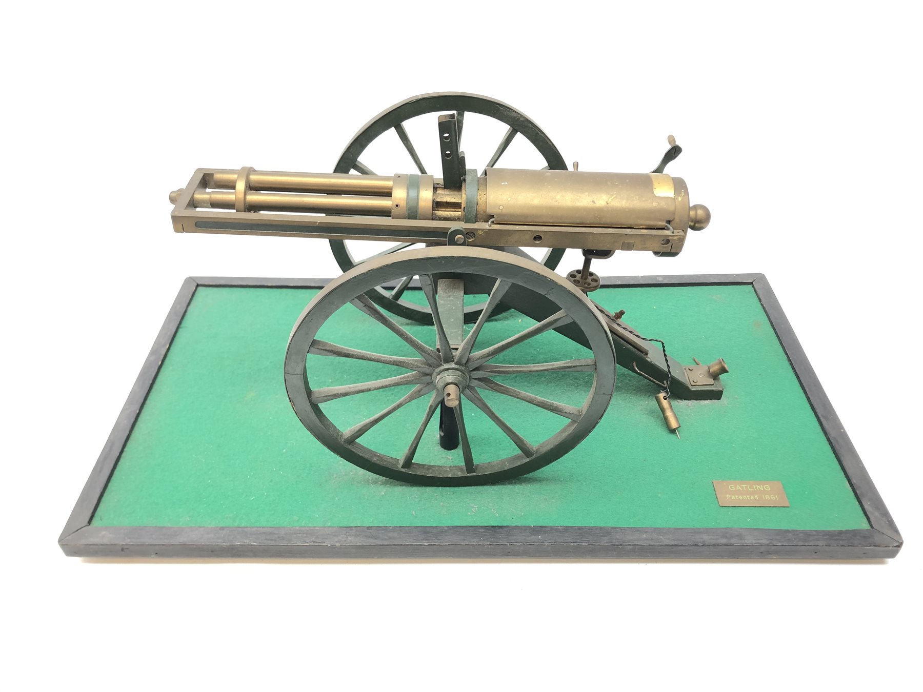 Scratch built brass model of an 1861 Gatling Gun with rotating barrels