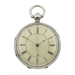Victorian silver open face key wound English lever chronograph pocket watch No. 21227, cream enamel dial with Roman hours and outer Arabic minute ring, case by Edward Hickman, London 1876