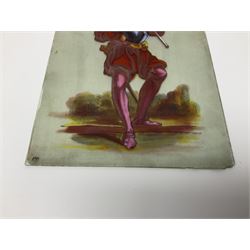 Four glass panels, each hand painted and depicting a soldier in different period uniforms, H15cm, L10cm