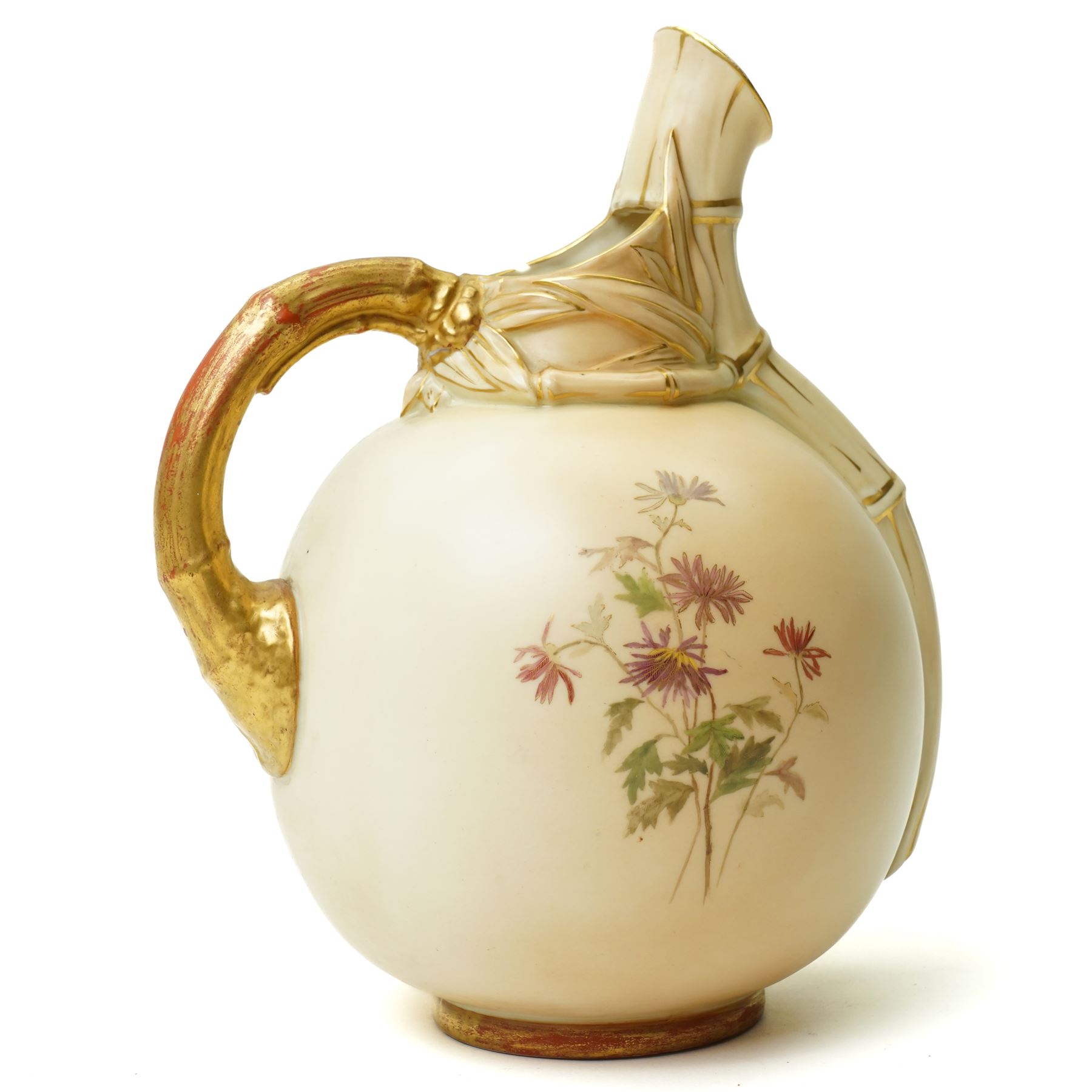 Victorian Royal Worcester ornamental ewer with gilded handle painted with floral sprays on a blush ivory ground H22cm