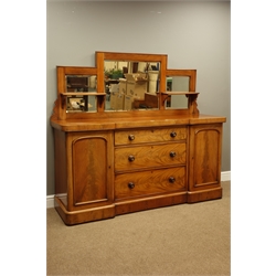  Victorian mahogany sideboard, raised bevelled mirror back above reverse break front, three figured drawers and two cupboards, plinth base, W172cm, H161cm, D52cm  