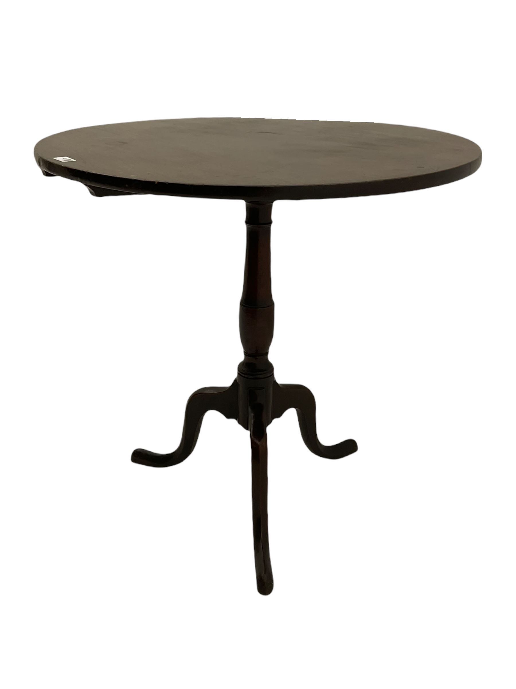 Georgian mahogany tripod table, circular tilt top on turned column, three out splayed supports