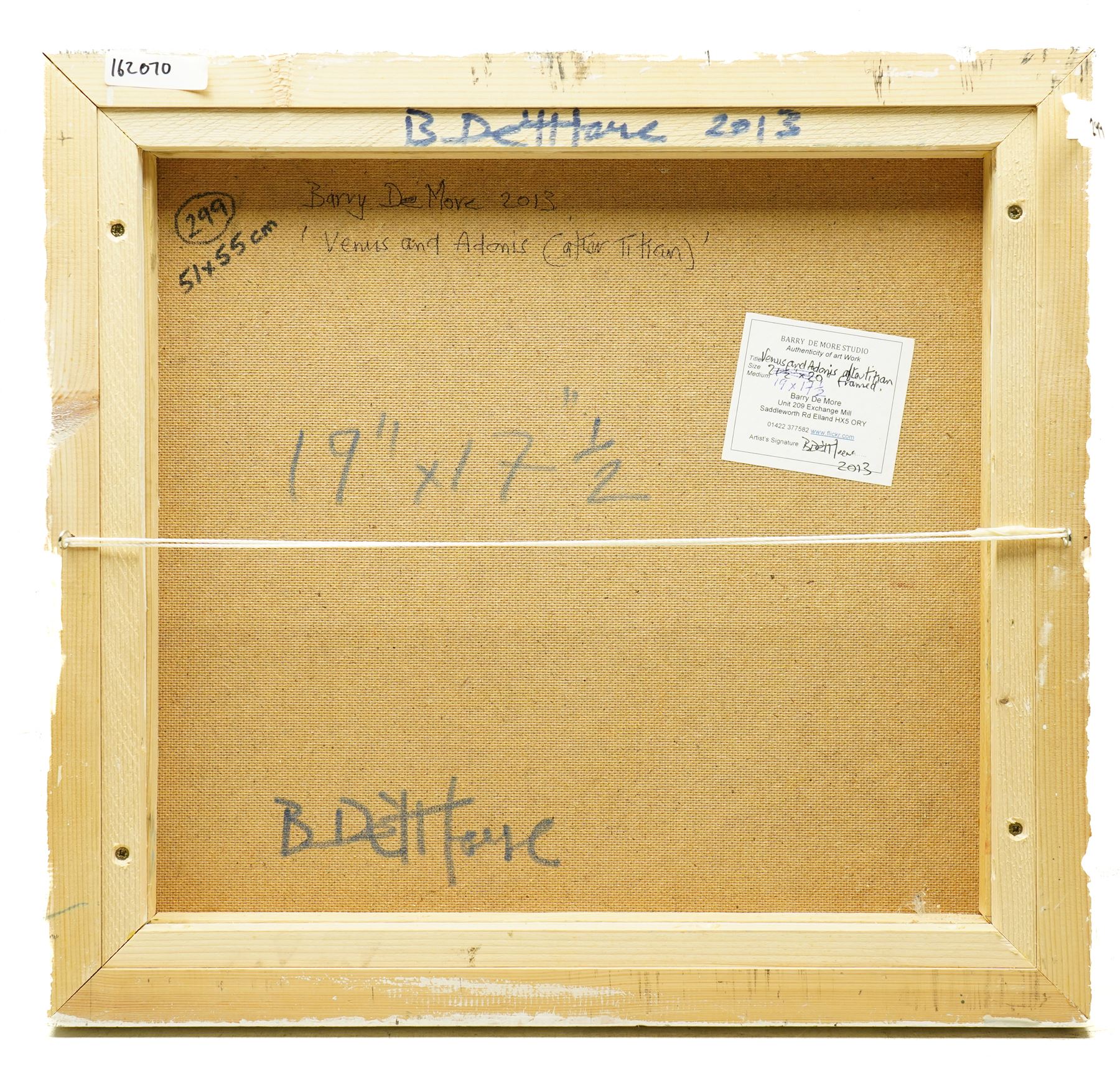 Barry De More (Yorkshire 1948-2023) after Titian (Italian ?-1576): 'Venus and Adonis', oil on board signed titled and dated 2013 verso 45cm x 48cm
Provenance: consigned by the artist's widow