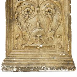 D Brucciani, London - After the antique -  A relief moulded plaster panel No2538 with stylised trailing leaves, flower heads and a mask 62cm x 22cm