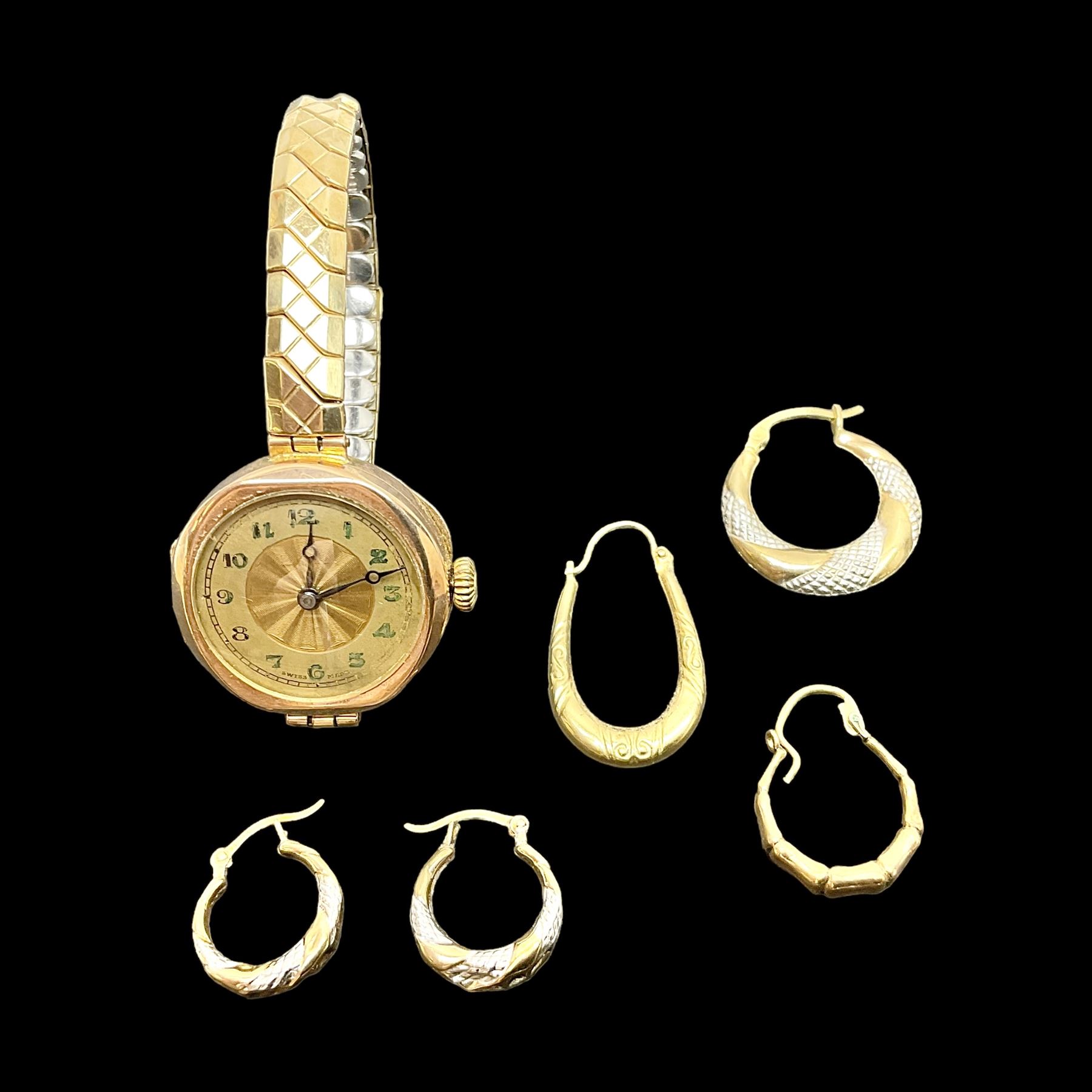 9ct gold jewellery, including rose gold cased ladies wristwatch on gilt stretch strap, pair of small hoop earrings and three other odd hoop earrings