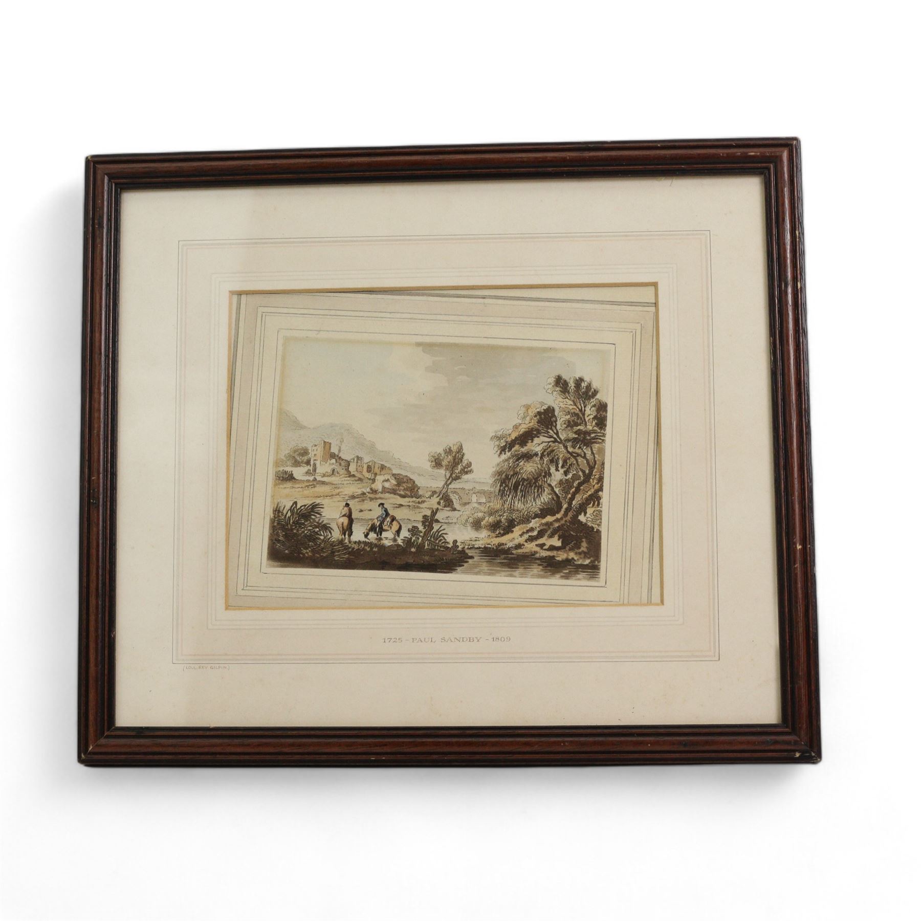 Paul Sandby (British 1725-1809): Horse-Mounted Figures in an Italianate Capriccio Landscape, watercolour unsigned, inscribed on the mount 12cm x 17cm
Provenance: from the Reverend William Gilpin (1742-1804) collection