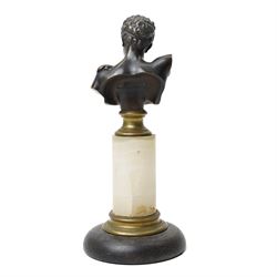 After the Antique - Eugen Börmel (Bormel) (German 1858-1932): a patinated bronze bust of Hermes, the youthful messenger of the gods modelled with idealised features and curling hair, the truncated torso mounted on a classical brass socle and cylindrical marble pedestal, signed to the reverse, H25.5cm