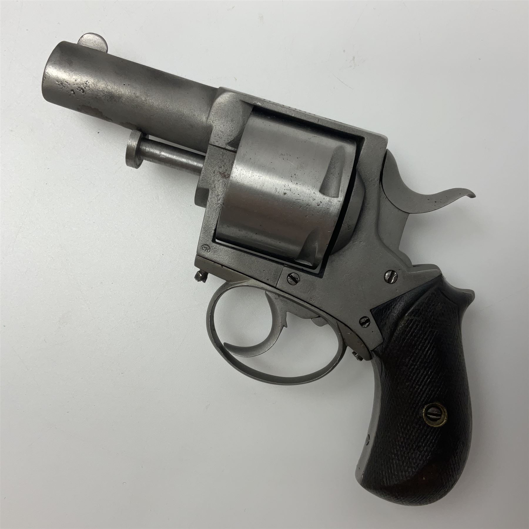 The major parts only of a British Bull-Dog .500 Boxer five-shot revolver comprising stripped down framework, cylinder, trigger with guard, functioning hammer and two-piece chequered grip; retailed by G. Goth Buenos Ayres; Belgian proof marks; L19.5cm overall; in fitted mahogany case 