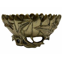 Chinese polished bronze bowl, modelled in the form of a lotus flower and raised upon a pierced foot naturalistically modelled as a branch, with four character seal mark beneath, H18cm