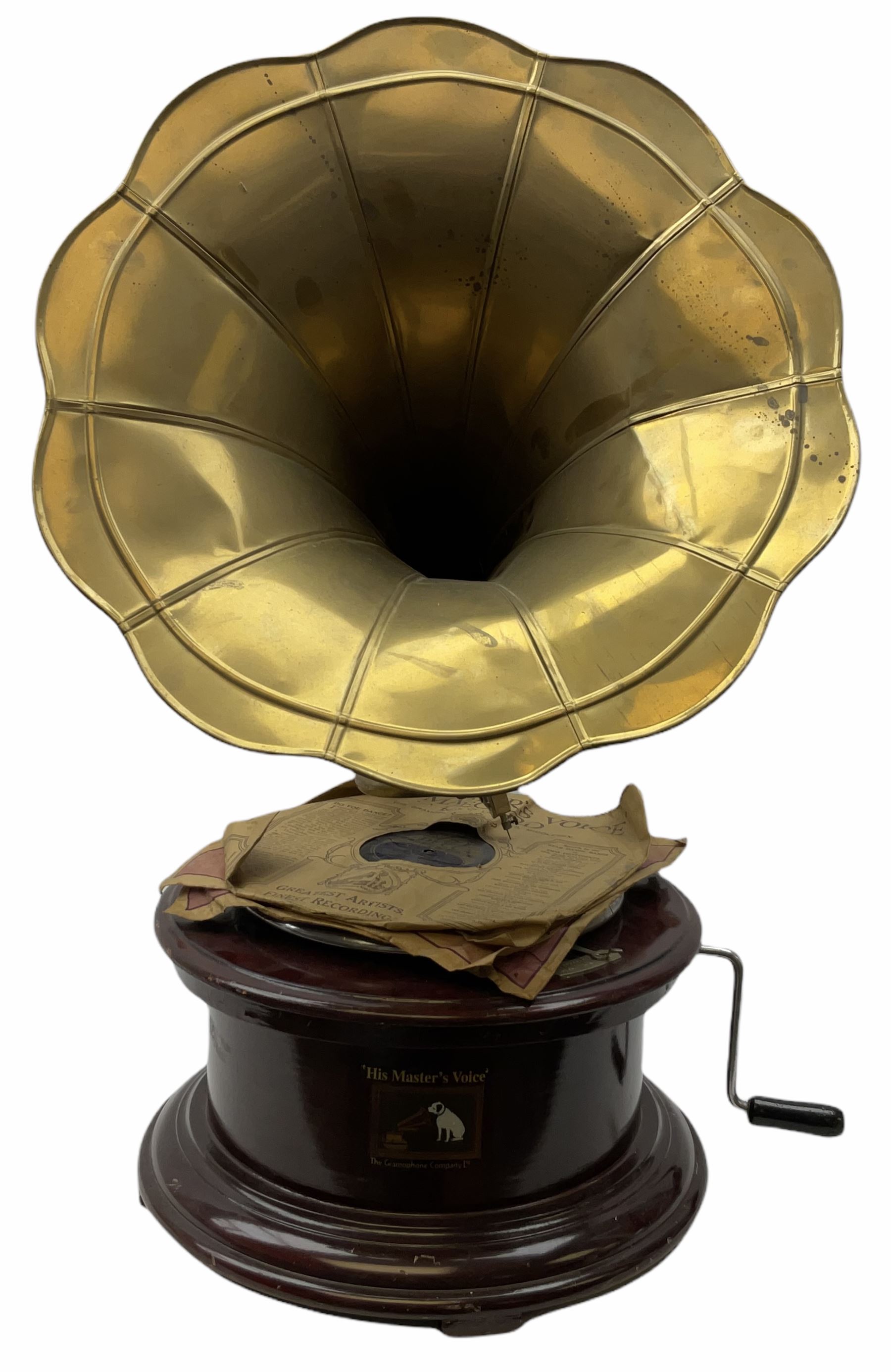 His Master's Voice table top wind up gramophone on a circular wooden base, with brass horn, H72cm, Horn D43cm. 