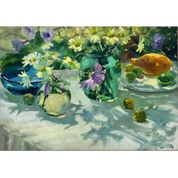 Iris Collett (British 1938-): Still Life 'Fruit al Fresco', oil on board signed, titled verso 39cm x 55cm
Provenance: from the artist's studio sale